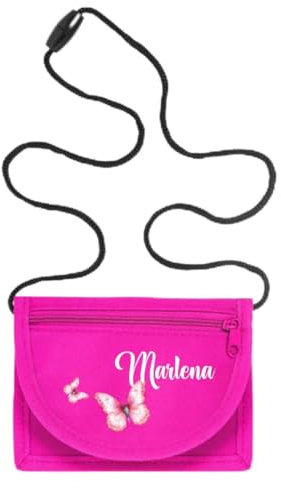 minimutz Geldbörse Kinder personalisiert, Kindergeldbeutel mit Name, Brustbeutel Schmetterling Mädchen (pink)