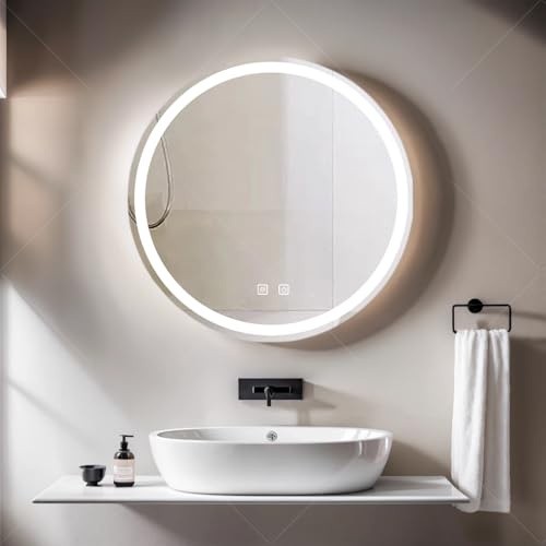 JCPYIUL Espejo de Baño LED con Iluminación,Espejo Redondo con Iluminación,Espejo de Pared para Baño,3 Colores de Luz Regulables,Espejo de Baño con Interruptor Táctil y Antivaho,3000K-10000K (60cm)