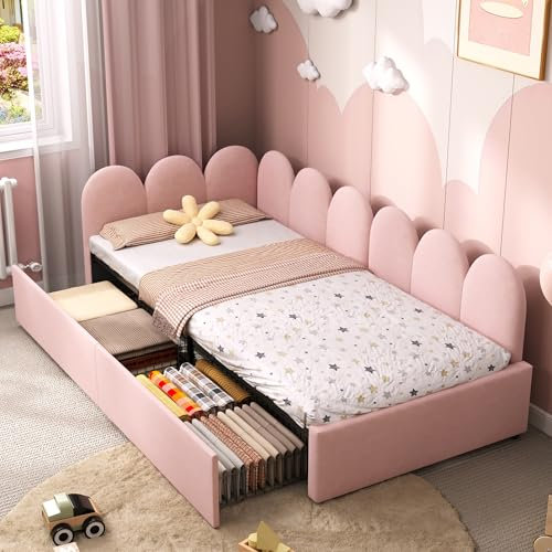 Miyemo Day Bed, 3ft Upholstered Single Bed Frame with Storage Drawers, Velvet Sofa Bed for Living Room/Bedroom/Study Room, 90 * 190cm, Pink, (No Mattress)