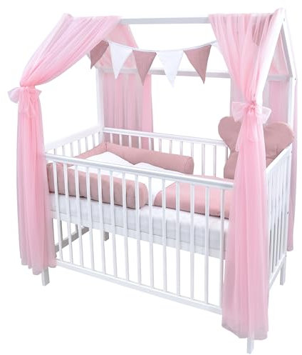 Generisch Baby Delux Babybett Komplett Set Hausbett 60x120 cm weiß Rausfallschutz Kinderbett Matratze Bettwäsche Deko Set (Chiffonhimmel, Rosa Musselin Waffelpique)