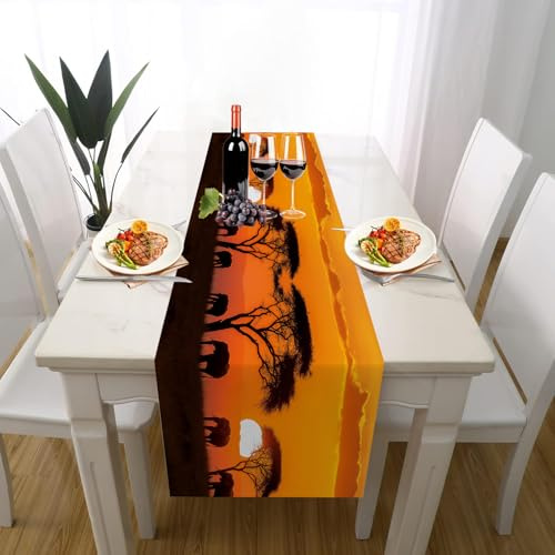 Elefant Stamm Afrika Tiere Tischdeko Einschulung Mädchen Junge Deko, Wiese Sonnenuntergang Landschaft Tischläufer Waschbar für Einschulung Deko Couchtisch Esstisch Dekoration für Zuhause 35 x 180 cm