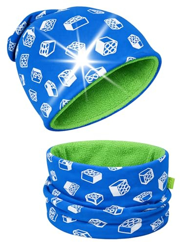 HECKBO Reflektor Kinder Mütze & Loop Schal Set – Bausteine – 95% Baumwolle mit Fleece-Innenseite – weiches & pflegeleichtes Stretch-Material – Winter – Größe 55–60 cm