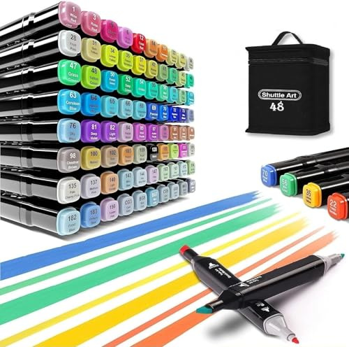 Shuttle Art Dual Tip Art Markers 48 Colours with Carrying Case for Painting Sketching Calligraphy Drawing - Odorless & Non Toxic Twin Head Permanent Colouring Marker Pens for Kids Adult Beginners