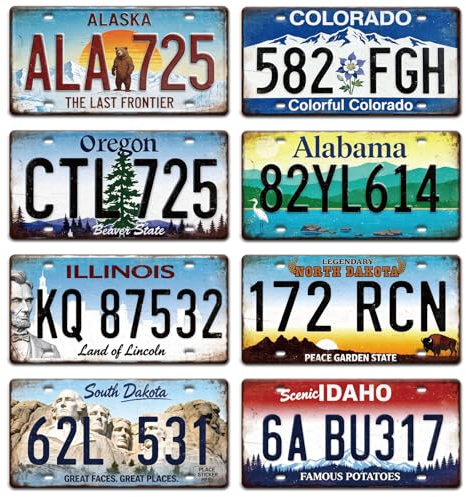 GLOBLELAND 8 Stück Vintage Nummernschild 30x15cm Vintage Metallschilder Mit Berühmten Landschaftsmotiven Retro Wanddeko Für Männerhöhle Bar Pub Café Zuhause