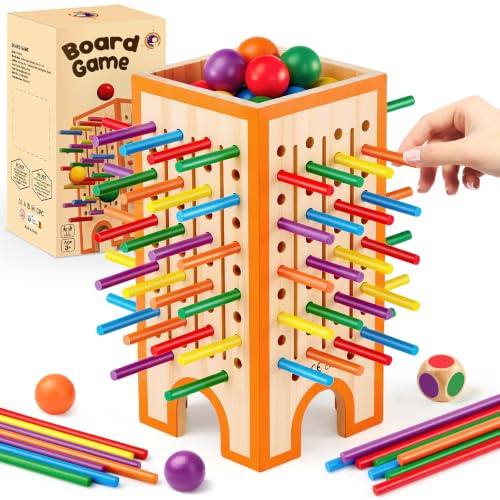 Montessori Spiel Brettspiel aus Holz, 42 Bunte Holzstäbchen Würfelspiel für die Familie, Mathe & Feinmotorik Spielzeug, Lernspielzeug ab 3 4 5 6 Jahre, Familienspiel Reisespiel für Kinder Geschenk