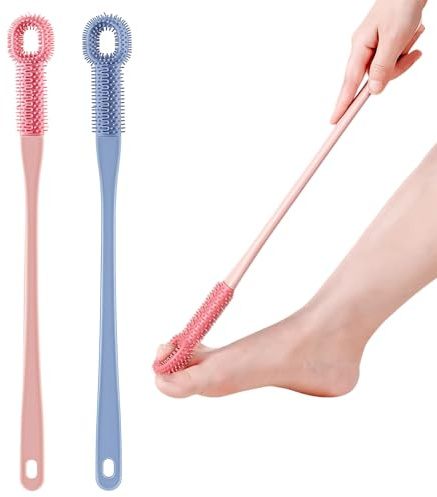 Foot Brush, 2Pcs Long Handle Silicone Toe Gap Scrubber Deep Cleaning Brushes for Shower, Foot Scrubber for Wet or Dry Brushing Washing Feet and Between Toes Hard Skin Remover and Feet Massager