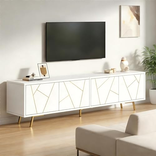 RAPRAP Weiss TV-Schrank 190cm mit Gold-Geometrie, Weiß Lowboards Holz mit 4 Schranktüren, 5 Metallbeinen, Tv Board für Fernseher mit einer Bildschirmdiagonale von ca. 85 Zoll,B