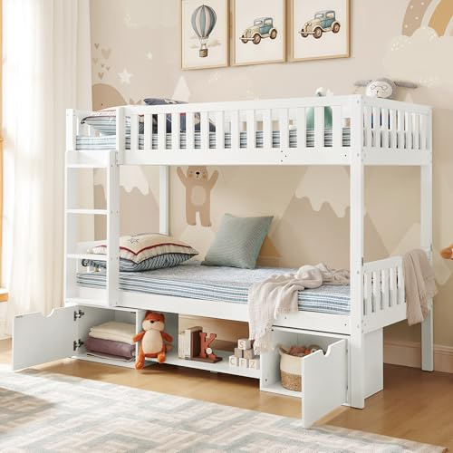 Arhatreya Etagenbett 90x200 cm, in 2 Einzelbetten teilbar, mit Sicherheitsgeländern, Schubladen, Leiter, zerlegbares Kinderbett in Weiß, Ohne Matratze