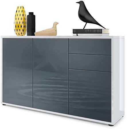 Vladon Sideboard Ben V3, Kommode mit 3 Türen und 2 Schubladen, Weiß Hochglanz/Grau Hochglanz (117 x 74 x 36 cm)