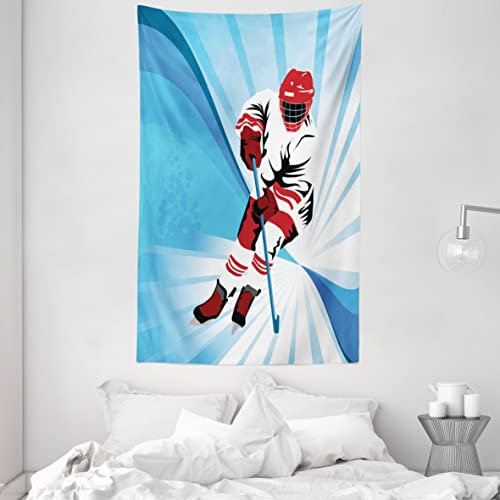 ABAKUHAUS Eishockey Wandteppich und Tagesdecke, Spieler starken Schuss Tor aus Weiches Mikrofaser Stoff Waschbar ohne Verblassen Digitaldruck, 140 x 230 cm, Weiß Blau Rot