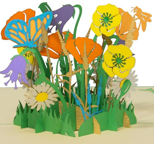 LIN17613, Pop Up Karte Blumen, Pop Up Geburtstagskarte, Grußkarten Blumen, Klappkarte Geburtstagskarte, Muttertagskarte, Danke, Viel Glück, Gute Besserung, Bienen, Schmetterling, Blumen, N356