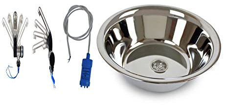 Edelstahl Spülbecken Camping Spüle Waschbecken 28 cm Ø + Barwig Wasserhahn schwarz/chrom + 12v Tauchpumpe (ad-ideen)