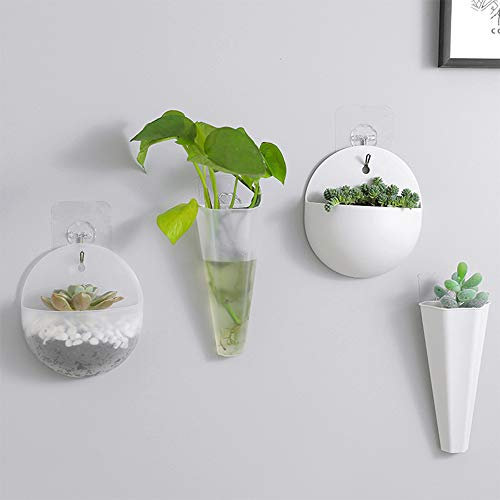 Wankd 2 Stück Kreative Plastik Wandvase Wandbehäng Pflanzgefäße Blumentopf, hängender Pflanzenbehälter für Hydrokultur Pflanzen, Dekoration für Hause Wohnzimmerwand, Weiß + transparent (12 * 13.5CM)
