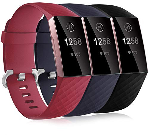Dirrelo 3 Pack Bracelet Compatible avec Fitbit Charge 3/Fitbit Charge 4 pour Femmes Hommes, Silicone Souple Remplacement Sport Bracelet de Réglable pour Fitbit Charge 3 SE, Noir+Bleu+Rouge foncé S