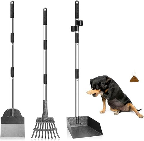 Snagle Paw Paletta per escrementi di cani, 3 pezzi Dog Pooper Scooper e rastrello, in metallo, per cani di taglia grande, media e piccola, con manico lungo regolabile, Rake Waste Removal