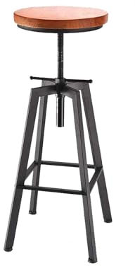 Youyijia 1pcs Industrial Bar Stool Adjustable Metal Swivel Chairs Round Wooden Seat Industrial Retro Barstools Vintage Tall Dining Chair for Kitchen Pub Counter Home