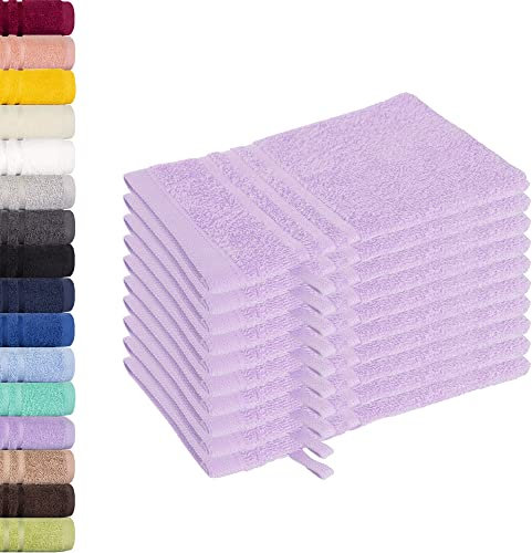Lavea 10er Set Waschhandschuh 15x21 cm – Saugstarke und Weiche Waschhandschuhe aus 100% Baumwolle, Frottierserie Elena – Waschbar und Strapazierfähig – Lavendel