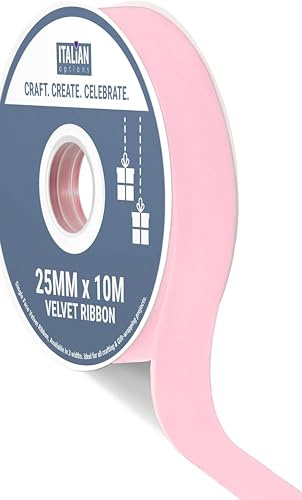 Italian Options Velvet Ribbon, Luxury, Single-Face Velvet Ribbon for Crafting, Christmas, Bows, Hair, Cakes, Weddings, Ornaments, Gift Wrapping, Flowers, 25mm x 10 Metre Roll, Soft Pink
