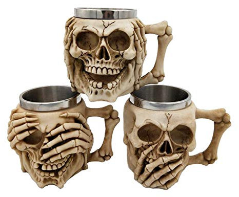 XIAOTENG Edelstahl-Kaffeetasse aus Kunstharz, Totenkopf-Design, Weinglas, Küchentasse, Bierbecher, Emoji-Tasse, Halloween-Dekoration, Party-Bar, Trinkgeschirr (3-teiliges Set), 400 ml