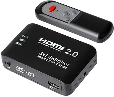 Maplin HDMI Switch 3 in 1 Out, Aluminium 4K@60Hz Ultra HD HDMI 2.0 Switcher with Remote, Compatible with TV Box, PS5/4, Xbox, Roku, Laptop, HDTV, Projector, Monitor