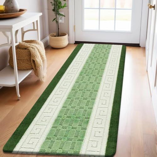 Carpet Runners for Hallways Non Slip Long With Gel Back - Marble Rug Washable Low Pile Rug, Kitchen Runner - Ideal For Living Room, Bedroom, Lounge And Hall |80 x 150 cm - Green