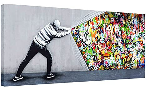 Wandbilder Banksy like Bilder - Künstler vor dem Vorhang - Wandbild auf Leinwand, hochwertige Streetart graffiti Kunstdruck I Wanddekoration XXl fertig zum Aufhängen (40x20 cm)