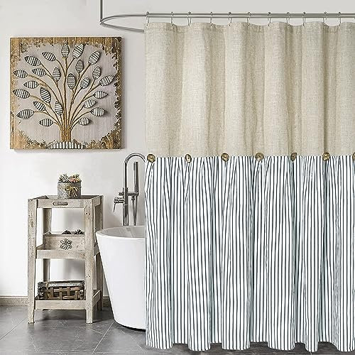 DOSLY IDÉES Farmhouse Duschvorhang, gestreift, Knopfvorhang, Leinen und Baumwolle, rustikaler Charm, Landhausstil, 183 x 198 cm, Beige und Blau