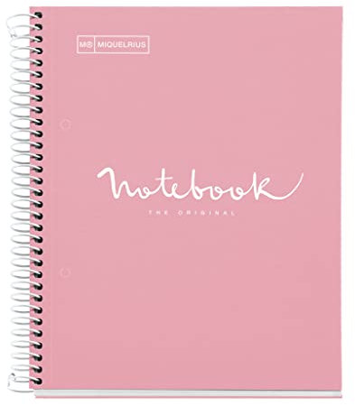 Miquelrius - Notizbuch A5 Notebook, 1 farbiger Streifen, 80 Blatt mit horizontalem Lineatur 7 mm, Papier 90 g/m² mikroperforiert mit 2 Bohrungen für 2 Ringe, Einband aus Karton, Farbe Rosa