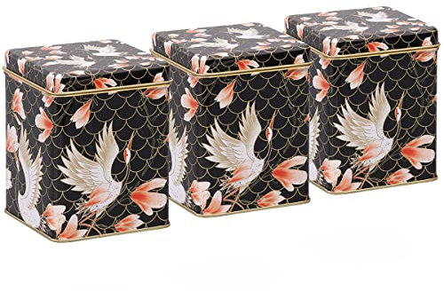 tea4chill 3 STK Teedosen für losen Tee 100g, Gewürzdosen Cranes, Metall, eckig mit Scharnierdeckel, Vintage Design, 75 x 75 x 95mm (LxBxH)