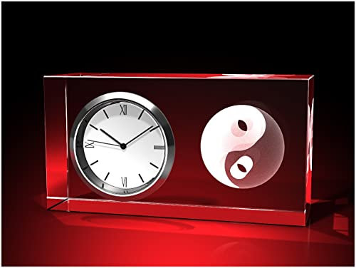 GLASFOTO.COM, Yin-Yang 3D-Kugel - Uhr, Glas eckig 95 x 50 x 35 mm, Kristallglas 3D Innengravur in Premiumqualität