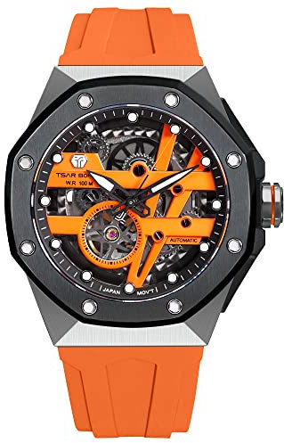 TSAR BOMBA Herrenuhren Automatik Uhren Herren Skelett Uhr Herren wasserdichte 10ATM mit FKM Uhrenarmband Schwarz Edelstahl Replikat Achteckig Geschenke Lässig Sport Leuchtende Militär für Männer Uhr