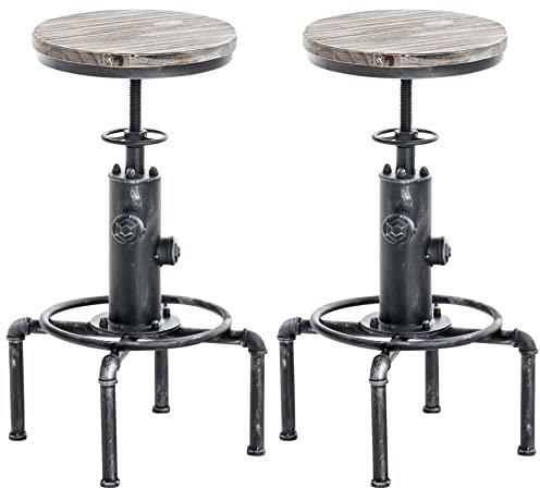 CLP 2er Set Metall-Barhocker Lumos mit höhenverstellbarem Holzsitz I Thekenhocker mit Fußstütze, Farbe:antik Silber