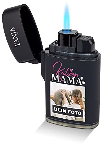Feuerzeug - Katzenmama - selbst gestalten - mit eigenem Katzen-Foto und Namen Bedrucken - Foto-Geschenk - Sturmfeuerzeug, Flüssiggas nachfüllbar I Geschenk personalisiert