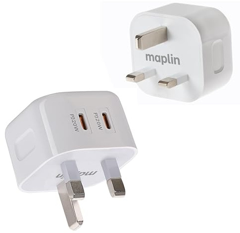 Maplin 2 Port USB Wall Charger 2x USB-C 20W PD High Speed, for iPhone 15/14/13/12/11/SE/X/XS/XS MAX/XR/8, Samsung, Pixel, Xiaomi, One Plus, Huawei and more