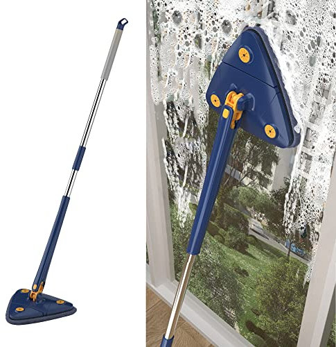 Cymwer Rotatable 360° Triangular Mop with 4 Heads, Floor Cleaning Mop Adjustable Household Squeeze Floor Mop Water Absorption Dry and Wet Dust Mop Head Cleaner for Floor Ceiling Window Wall