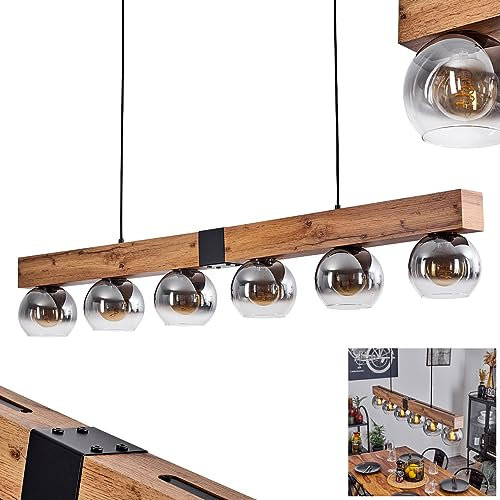 Pendelleuchte Vouhet, Hängelampe aus Metall/MDF/Glas, Schwarz/Holzoptik/Rauchfarben/Klar, verstellbare Hängeleuchte im Retro/Vintage Design mit Glasschirmen, Höhe max. 122 cm, E27, ohne Leuchtmittel