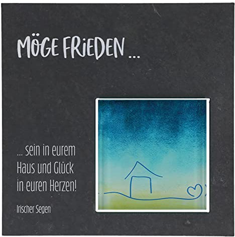 Haussegen Schiefer-Tafel mit Glaseinsatz - Möge Frieden sein in eurem Haus und Glück in euren Herzen in Geschenkverpackung, Maße 17 x 17 cm
