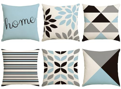 Set mit 6 geometrischen Kissenbezügen, 45.7x45.7 cm, Schwarz und Curry, hellblaue Dreiecke, dekorative Couch-Kissenbezüge, moderne florale Leinen, Wohnzimmer, Sofa