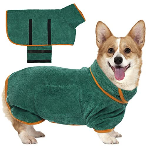 Kuoser Hundebademantel, Mikrofaser Hunde Bademantel Badetuch, Bademantel Hund Extra Saugfähig, Einstellbar Hundehandtuch mit Klettverschluss, Grün HundeBademantel für Mittelgroße Hunde