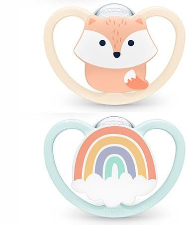 NUK Space Schnuller | 0-6 Monate | Schnuller mit zusätzlicher Belüftung für empfindliche Haut | BPA freies Silikon | Fuchs & Regenbogen | 2 Stück