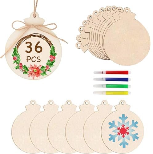 36 Wooden Christmas Baubles for Crafting Painting with Jute Rope & Marker, Tree Ornaments for Christmas Decoration