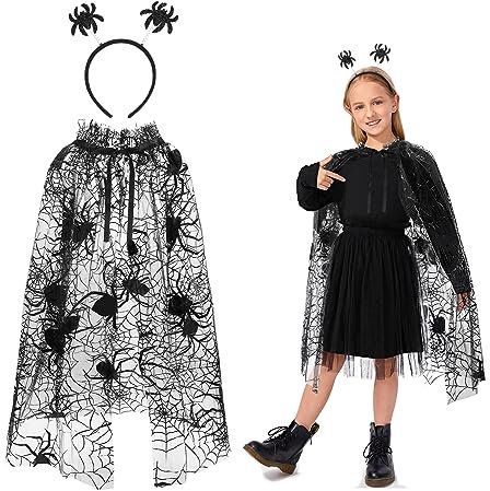 Spinne Halloween Kostüme Kinder 2 Stück, Schwarzer Tüll Spinnennetz Umhang und Spinnen Haarreif für Kinder Mädchen, Spinnen Kostüm Halloween Zubehör für Halloween Cosplay Party Karneval Verkleidung