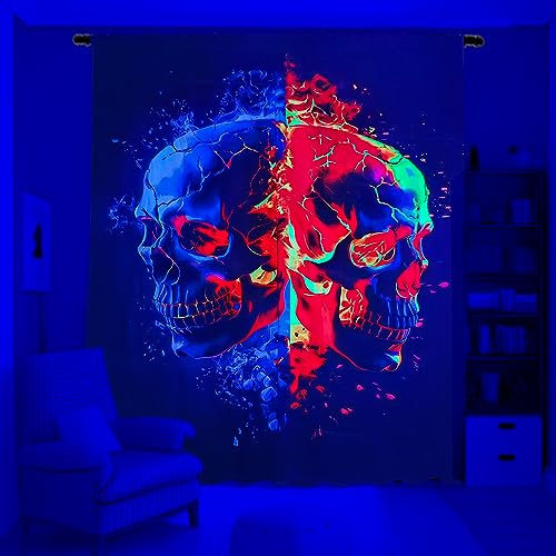 Gothic-Fenstervorhang, Verdunkelungsvorhänge für Schlafzimmer, Schwarzlicht, UV-reaktive Gothic-Vorhänge für alle Totenkopf-Enthusiasten, Teenager, Jungen, Mädchen, Halloween-Vorhänge für Spielzimmer,