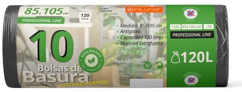Ofituria Lot de 10 sacs poubelle 120 l résistants Matériau 100% recyclé et recyclable, anti-fuite, avec fermeture automatique, convient à tous les types de déchets, 85 x 105 cm