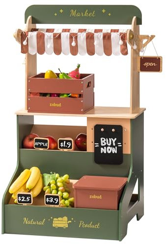 ROBUD Kaufladen für Kinder Holz, Kaufmannsladen Rollenspielladen Marktstand mit Realistischen Regalen & Tafel Einkaufsladen, Spielzeugladen Kinder Supermarkt Geschenke für Mädchen Jungen