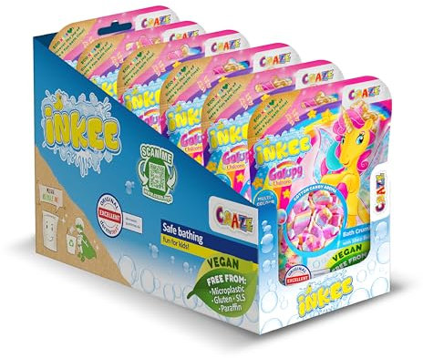 INKEE Badestreusel Galupy Unicorn Komplettes Verkaufsdisplay| 6x 100g Badesalz Kinder mit 4 Farbschichten- Mit Zuckerwatten-Aroma und Kakaobutter