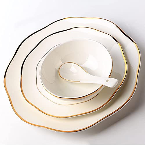 TRQZNLEP Tafelservice, Tafelservice-Serie, 16-teiliges Tafelservice aus weißem Porzellan, Geschirrset mit goldenem Rand und Desserttellern/Suppentellern/Speisetellern und Schüsseln-Sets, Tafelservice