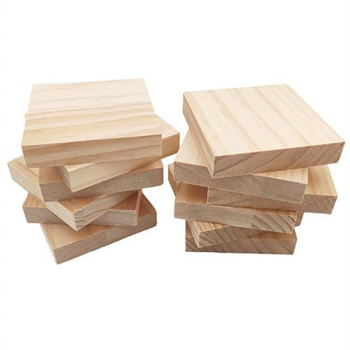 Unlackierte quadratische Holzblöcke zum Basteln, 10 x 10 x 2 cm, blanko, Kiefernholzbretter für Holzschnitzerei, DIY-Holzuntersetzer, Malen und Brennen, 12 Stück