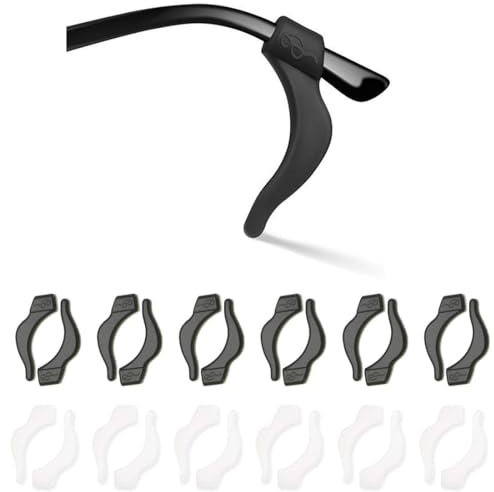 OQKAHIV Ferma occhiali universali in silicone, 12 paia in nero e trasparente, Supporto punta e stanghette antiscivolo con ganci per orecchie, perfetti per occhiali da vista, da sole e normali