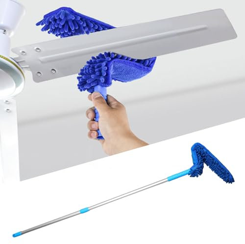 Plumeau de Ventilateur de Plafond Extensible Longue Portée 56 Pouces, Tête Chenille, Vadrouille en Microfibre Réutilisable pour Pale de Ventilateur, Murs, Sols, Tige en